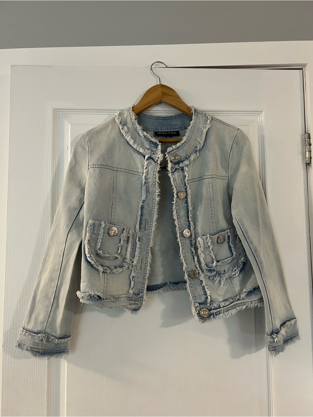 Bettina Liano Light Blue Frayed-Trim Denim Jacket
